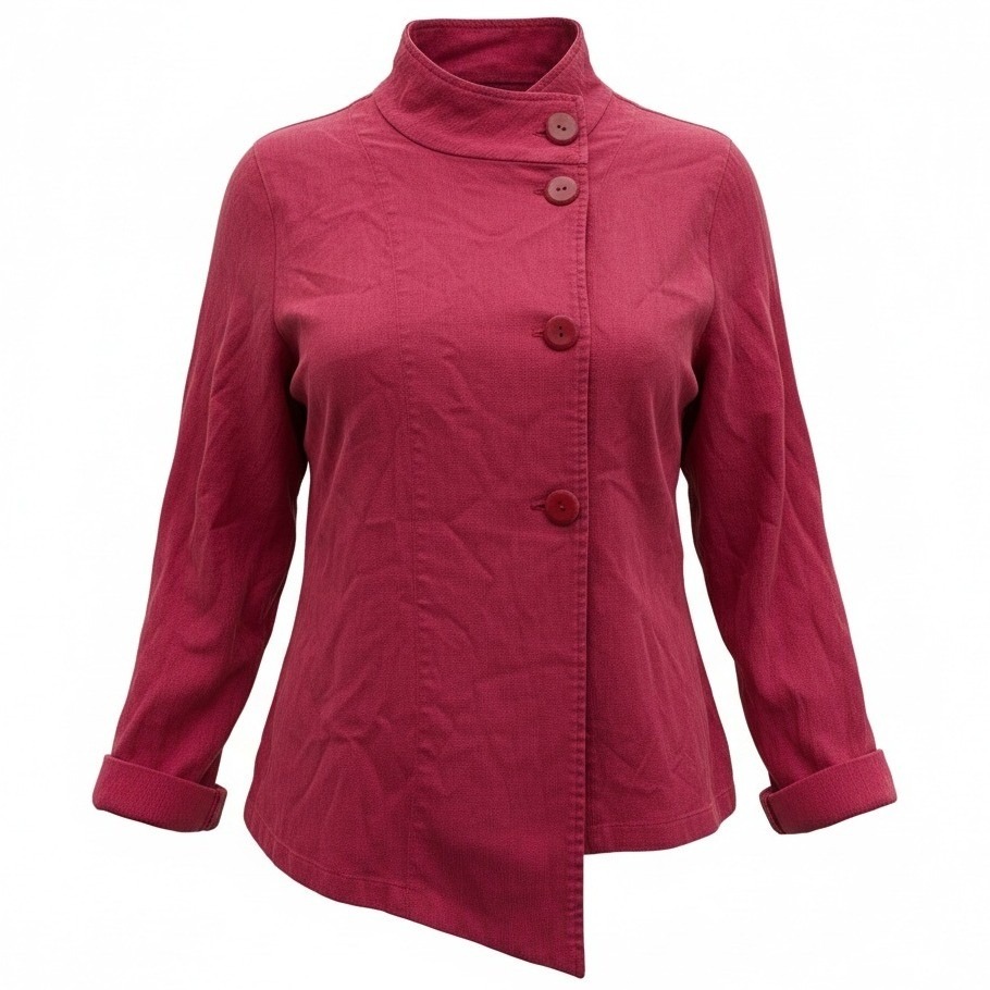Flax Womens L Large Berry Red Asymmetrical Button Front Jacket Mock Neck